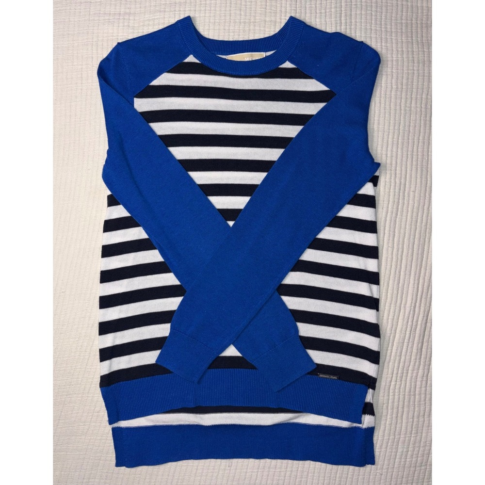 Michael Kors Women Blue Striped Colorblock Raglan Knit Sweater S
